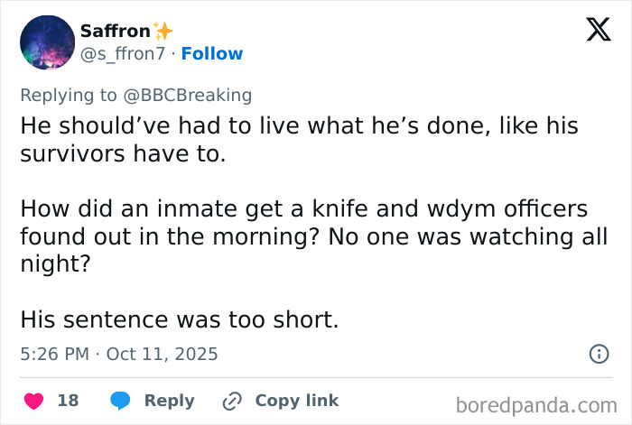 Tweet discussing a rock star fatally attacked in prison while serving time for crimes against children, questioning prison security.