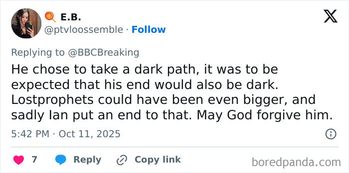 Social media comment on rock star fatally attacked in prison where he was serving 29 years for crimes against children.