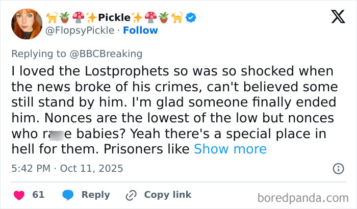 Social media post reacting to rock star fatally attacked in prison for crimes against children.