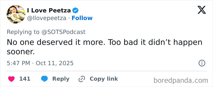 Tweet from I Love Peetza expressing harsh opinion about attack on rock star fatally attacked in prison for crimes against children.