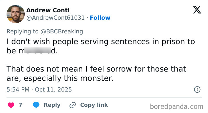 Tweet criticizing a prisoner, referencing a rock star fatally attacked in prison serving a long sentence for crimes against children.