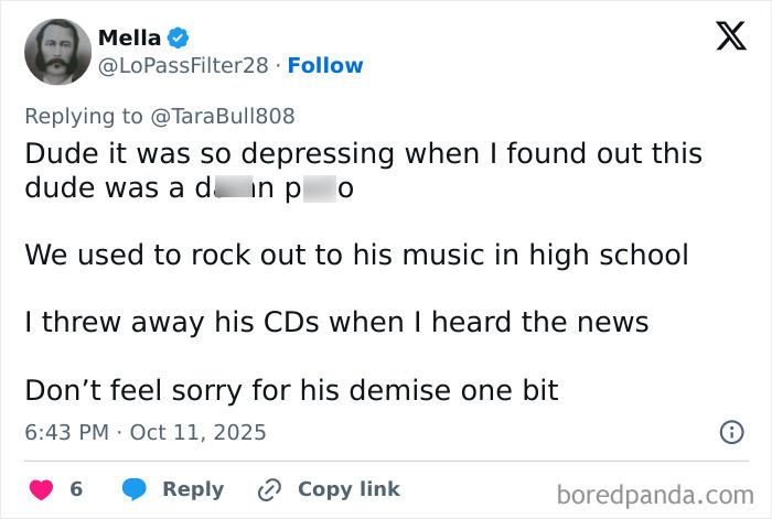 Tweet discussing the rock star fatally attacked in prison where he was serving time for crimes against children.