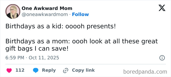 Tweet from One Awkward Mom humorously comparing childhood and mom birthday experiences, highlighting funny parenting moments on X.