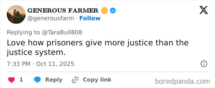 Tweet from Generous Farmer discussing prisoners delivering more justice than the justice system in prison violence cases.