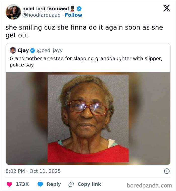 Screenshot of a funny tweet about a grandmother's arrest from a collection of hilarious Netflix tweets.