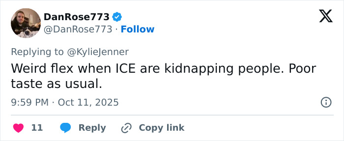 Twitter reply criticizing Kylie Jenner&rsquo;s fake arrest video amid ICE raids controversy.