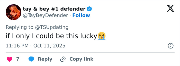 Tweet from Tay & Bey #1 defender expressing envy with crying emoji, related to Travis Kelce autograph and Tradwife Taylor Swift fans.