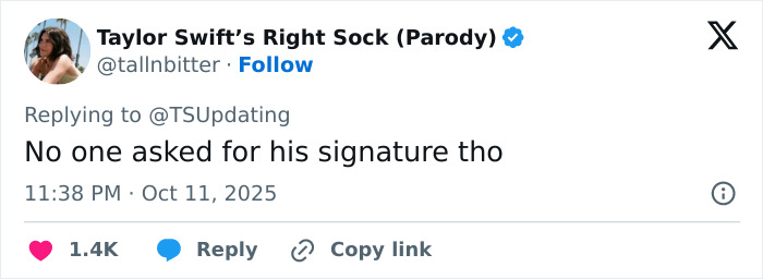 Tweet from Taylor Swift fan reacting to Travis Kelce autograph on her albums, sparking tradwife fan fury online.