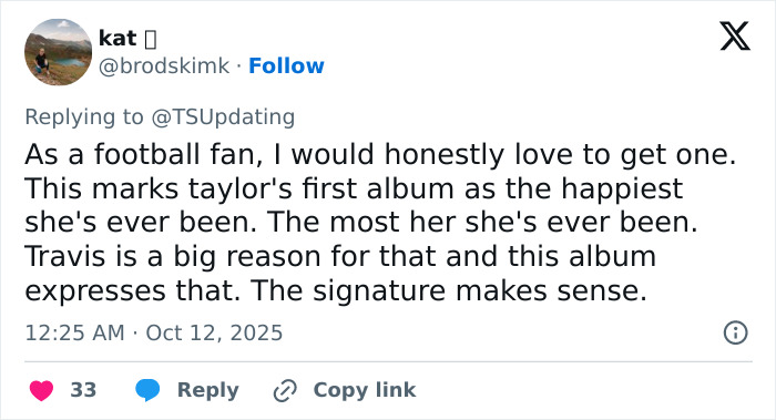 Tweet discussing Travis Kelce autographing Taylor Swift albums, sparking reactions among Tradwife and Taylor Swift fans.