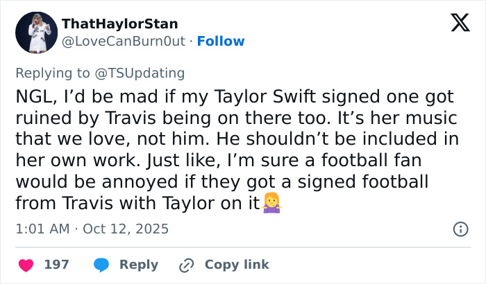 Tweet expressing anger from a Tradwife Taylor Swift fan after Travis Kelce autographed her albums, sparking controversy.