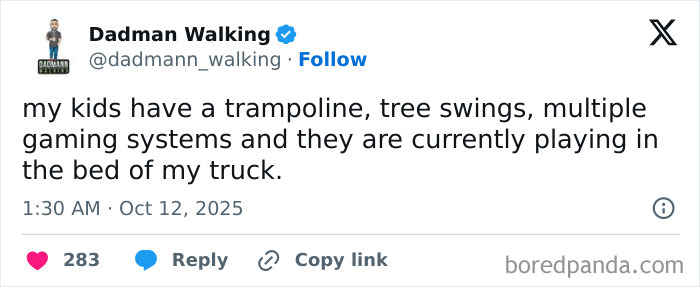 Tweet from a parent humorously describing kids playing with many toys, reflecting funny moments shared by parents on X.