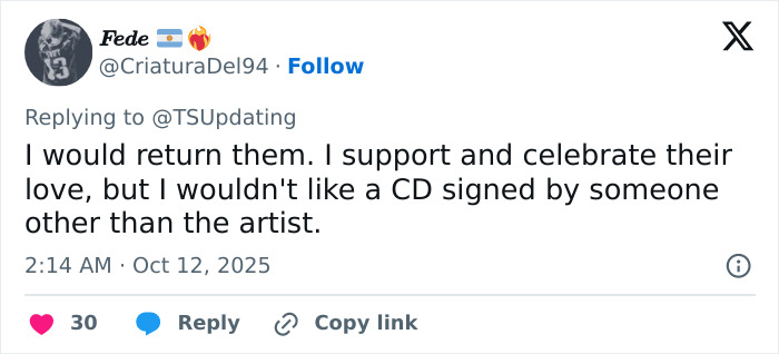 Tweet criticizing autograph on Taylor Swift albums, with tradwife and Travis Kelce fans expressing frustration online.