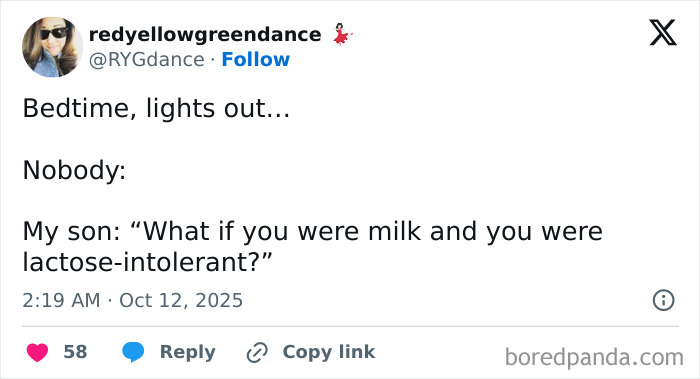 Tweet from a parent sharing a funny bedtime moment with their lactose-intolerant son on X about parenting humor.