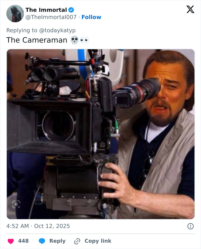 Actor operating a professional camera, meme referencing brain damage from that space journey involving Katy Perry and Justin Trudeau.