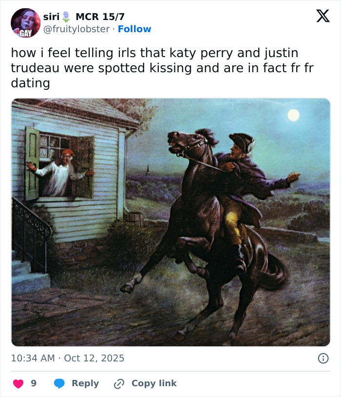 Meme about brain damage from that space journey featuring Katy Perry and Justin Trudeau with a historical painting.