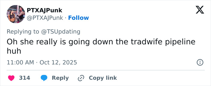 Tweet screenshot discussing tradwife with user commenting on the trend in a casual online conversation.