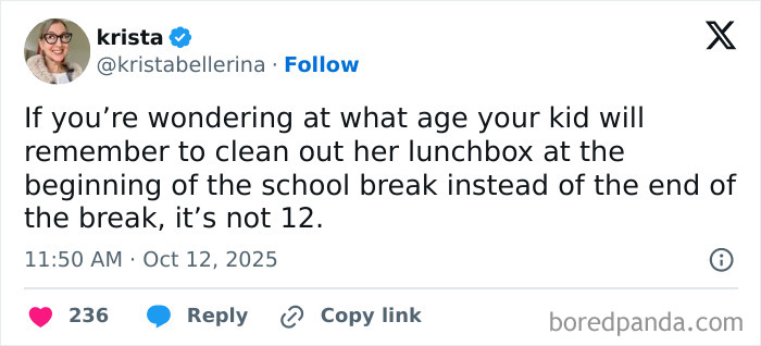 Parent tweet from X about kid not cleaning lunchbox during school break, featured in funny parents October compilation.