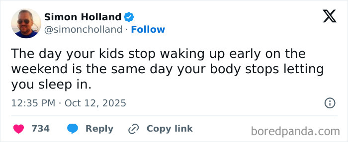 Tweet from a parent humorously describing challenges of kids waking up early, reflecting humor on X about parenting in October.