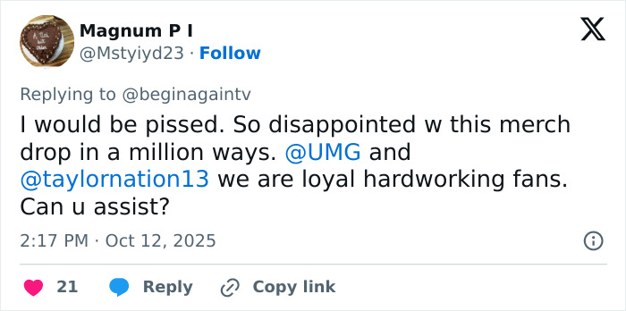 Screenshot of a tweet showing a fan expressing disappointment about Taylor Swift&rsquo;s $40 Life Of A Showgirl hairbrush merch.