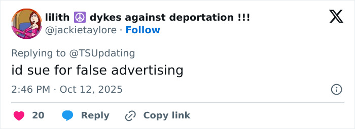 Twitter user @jackietaylore replying to TSUpdating with a comment about false advertising on October 12, 2025.