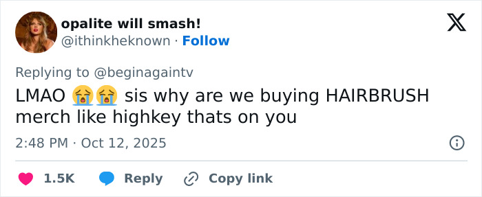 Screenshot of a viral fan post mocking Taylor Swift&rsquo;s $40 Life Of A Showgirl hairbrush merch purchase.