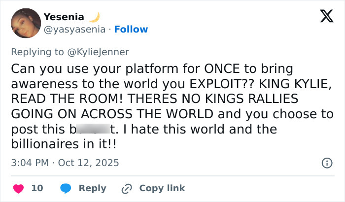 User tweet criticizing Kylie Jenner for exploiting platform amid ICE raids, sparking backlash over fake arrest video controversy.