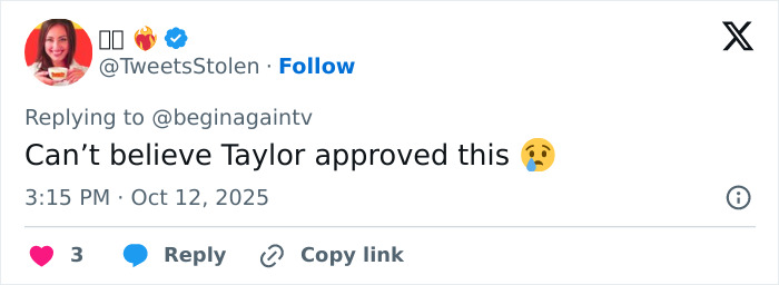 Screenshot of a viral fan post mocking Taylor Swift&rsquo;s $40 Life Of A Showgirl hairbrush with a surprised emoji reply.