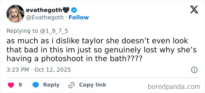 Tweet discussing Taylor Swift’s unedited photo from Life Of A Showgirl cover shoot and questioning the unusual bath setting. Tweet discussing Taylor Swift’s unedited photo from Life Of A Showgirl cover shoot and questioning the unusual bath setting.