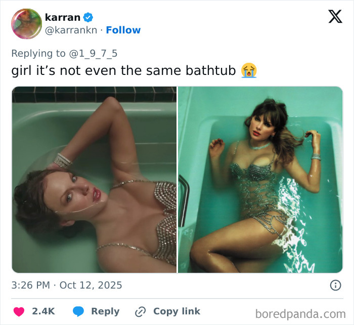 Taylor Swift's unedited photo from Life of a Showgirl cover shoot in a bathtub wearing a glittery outfit, sparking theories. Taylor Swift's unedited photo from Life of a Showgirl cover shoot in a bathtub wearing a glittery outfit, sparking theories.