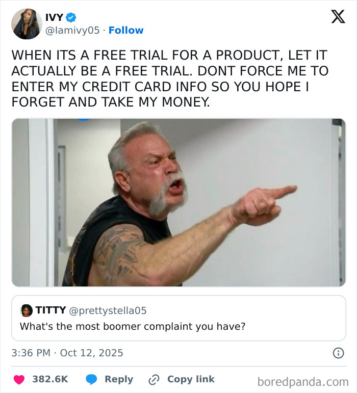 Man with tattoos angrily pointing while reacting to a tweet about free trial complaints on Netflix comment section discussion.