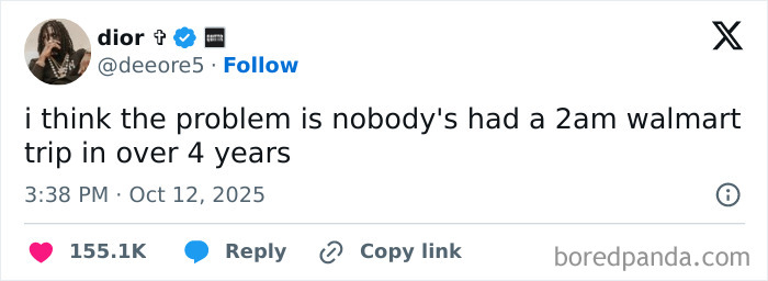 Screenshot of a humorous October tweet about late-night Walmart trips, highlighting Netflix gotta add a comment section.