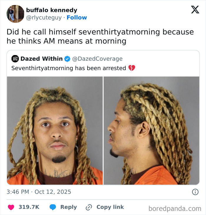 Man with blond dreadlocks in orange prison uniform shown in front and side mugshot photos shared in Netflix hilarious tweets.
