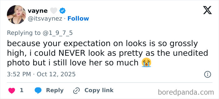 Screenshot of a tweet discussing Taylor Swift's unedited photo from Life Of A Showgirl cover shoot and its high beauty expectations. Screenshot of a tweet discussing Taylor Swift's unedited photo from Life Of A Showgirl cover shoot and its high beauty expectations.