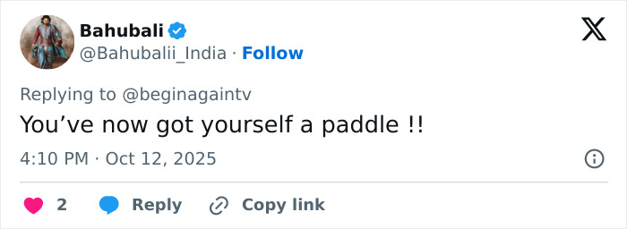 Tweet by user Bahubali replying to beginagaintv with text about a paddle, related to Taylor Swift mocked $40 Life Of A Showgirl hairbrush.