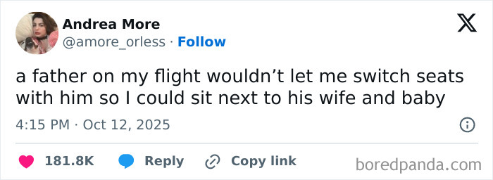 Tweet by Andrea More about a father refusing to switch seats on a flight, shared in Netflix gotta add a comment section.