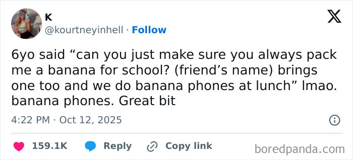 Tweet from a parent sharing a funny moment with their child about packing bananas for school, highlighting humorous parenting on X.