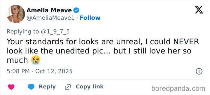 Tweet by Amelia Meave praising Taylor Swift's unedited photo from Life Of A Showgirl cover shoot, expressing admiration despite edits. Tweet by Amelia Meave praising Taylor Swift's unedited photo from Life Of A Showgirl cover shoot, expressing admiration despite edits.