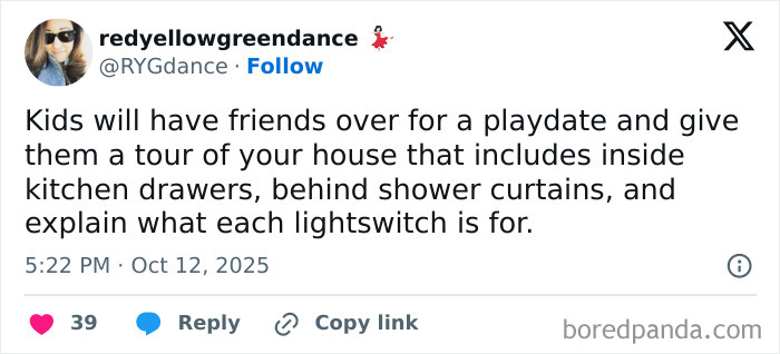Funny parent tweet on X about kids giving friends a house tour including kitchen drawers and lightswitches.