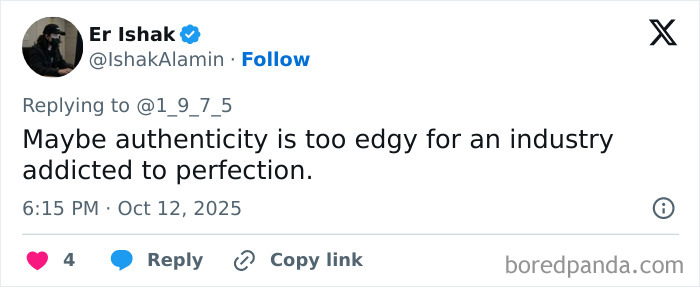 Tweet by Er Ishak discussing authenticity and perfection in the context of Taylor Swift's unedited photo from Life Of A Showgirl. Tweet by Er Ishak discussing authenticity and perfection in the context of Taylor Swift's unedited photo from Life Of A Showgirl.