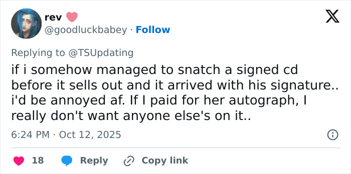 Screenshot of a Twitter user expressing frustration over Travis Kelce autographing Taylor Swift albums, sparking tradwife fan outrage.