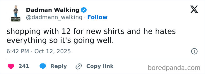 A Twitter post from a parent sharing a humorous struggle shopping with twelve children, reflecting funny parent moments on X.