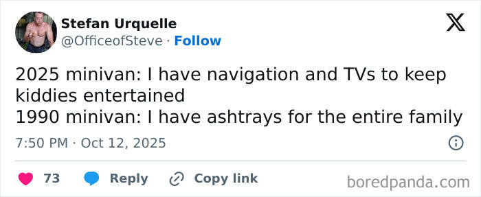 Tweet comparing 2025 and 1990 minivans highlighting funny parenting humor from parents on X.