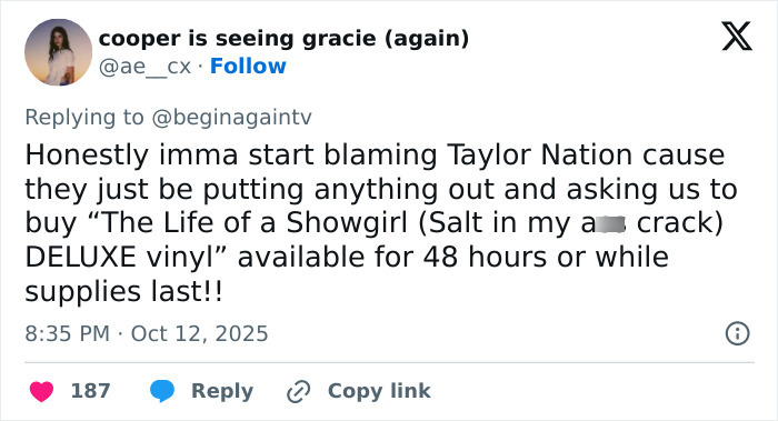 Fan tweet mocking Taylor Swift's $40 Life Of A Showgirl hairbrush for pricey merchandise and viral reaction.