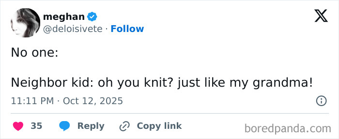 Social media post showing a humorous parenting moment shared by a user on X about knitting and kids.