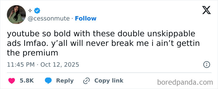 Tweet about frustration with double unskippable ads on YouTube, featured in Netflix gotta add a comment section tweets.