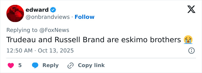 Tweet screenshot showing a user joking about Justin Trudeau and Russell Brand, reflecting memes on brain damage from space journey.