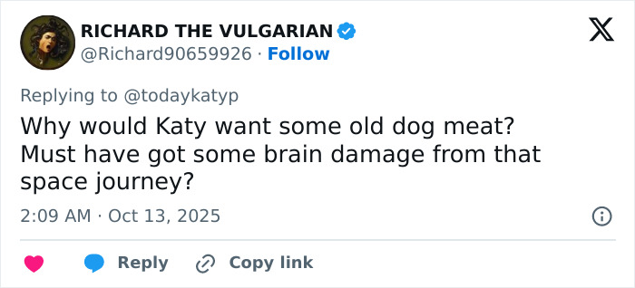 Tweet sarcastically suggesting brain damage from a space journey referencing Katy Perry and Justin Trudeau memes and jokes.