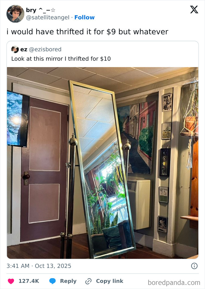Tweet about thrifting with a photo of a full-length mirror reflecting a room with plants and artwork.