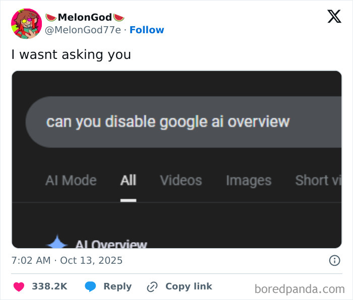 Screenshot of a humorous tweet about disabling Google AI overview, featured in Netflix gotta add a comment section tweets.