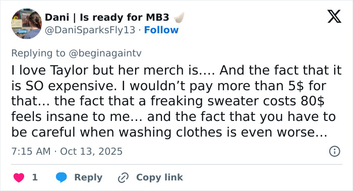 Tweet criticizing Taylor Swift Life Of A Showgirl hairbrush, calling the $40 merch overpriced and comparing it to an $80 sweater.